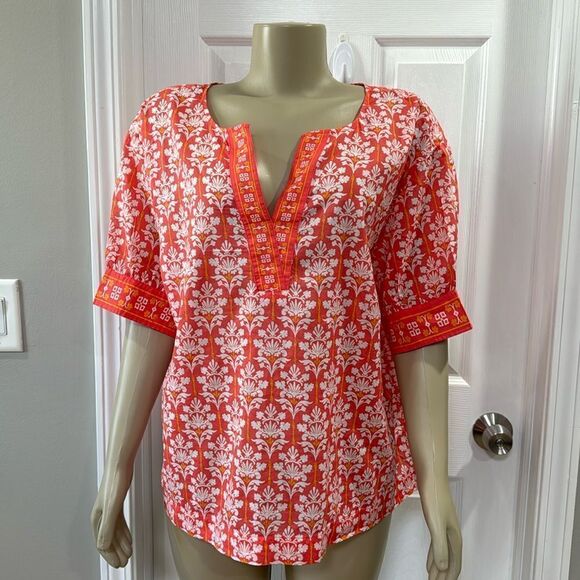 TALBOTS DAMASK BOUQUET POPOVER CORAL AND WHITE - Picture 2 of 9